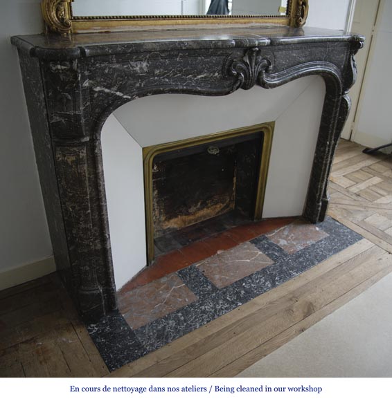 Antique Louis XV period fireplace in Grey Sainte Anne marble, 18th century-2