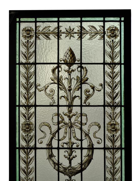 Pair of antique stained glass windows with Neo-Renaissance style decor, late 19th c.-1