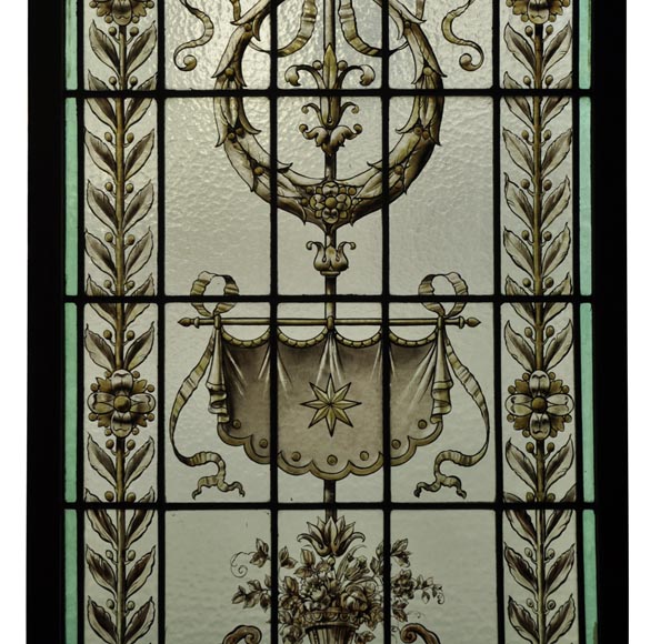 Pair of antique stained glass windows with Neo-Renaissance style decor, late 19th c.-2