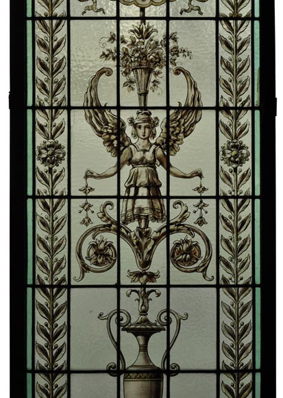 Pair of antique stained glass windows with Neo-Renaissance style decor, late 19th c.-3