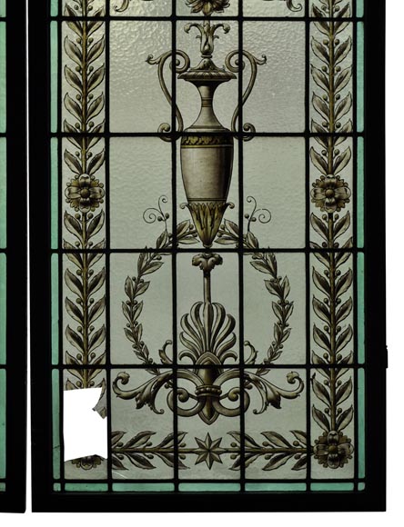 Pair of antique stained glass windows with Neo-Renaissance style decor, late 19th c.-5