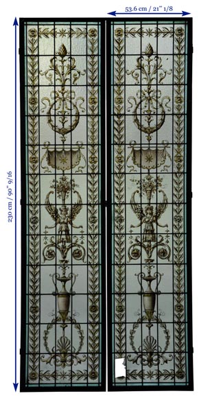 Pair of antique stained glass windows with Neo-Renaissance style decor, late 19th c.-7