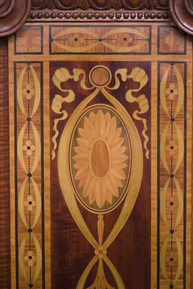 Exceptional antique Regency style complete paneled room in mahogany marquetry with fireplace, France 19th century