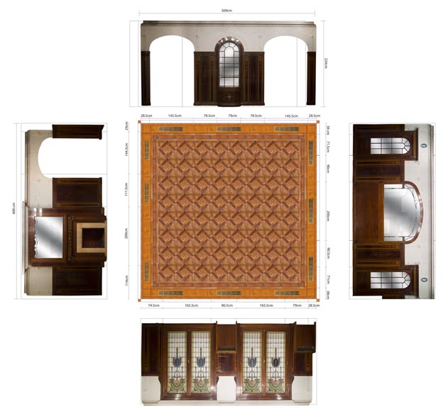 Exceptional antique Regency style complete paneled room in mahogany marquetry with fireplace, France 19th century