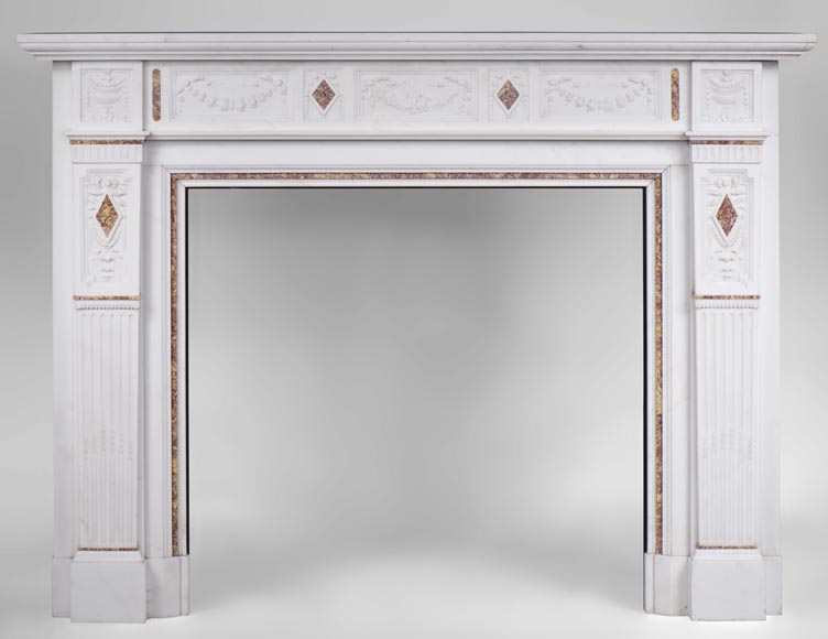 Very beautiful Victorian style antique fireplace in Carrara Statuary marble and Violet Brocatelle marble, from late 19th century, with flutings, garlands and diamonds.-0