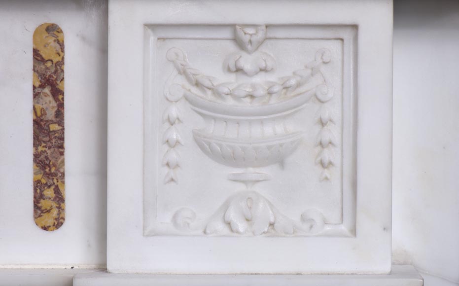 Very beautiful Victorian style antique fireplace in Carrara Statuary marble and Violet Brocatelle marble, from late 19th century, with flutings, garlands and diamonds.-2