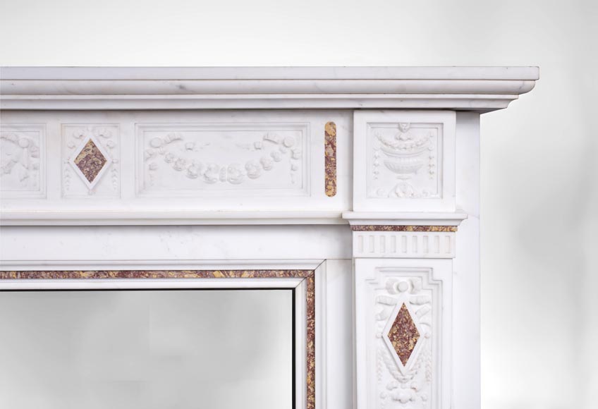 Very beautiful Victorian style antique fireplace in Carrara Statuary marble and Violet Brocatelle marble, from late 19th century, with flutings, garlands and diamonds.-10
