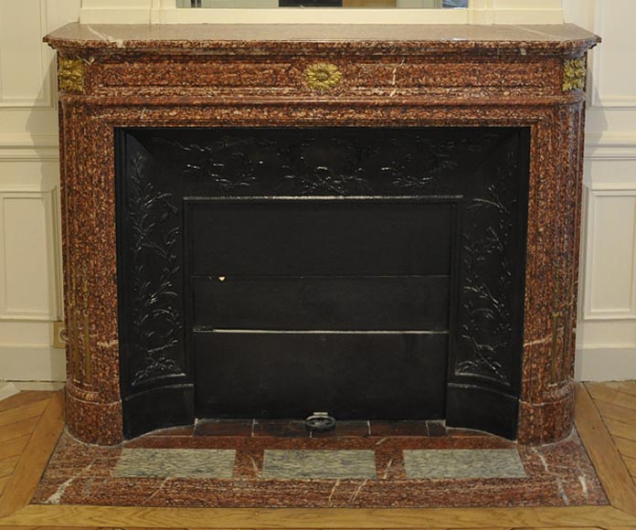 Antique Louis XVI style fireplace mantel with round corners in Griotte marble and gilt bronze ornaments-0