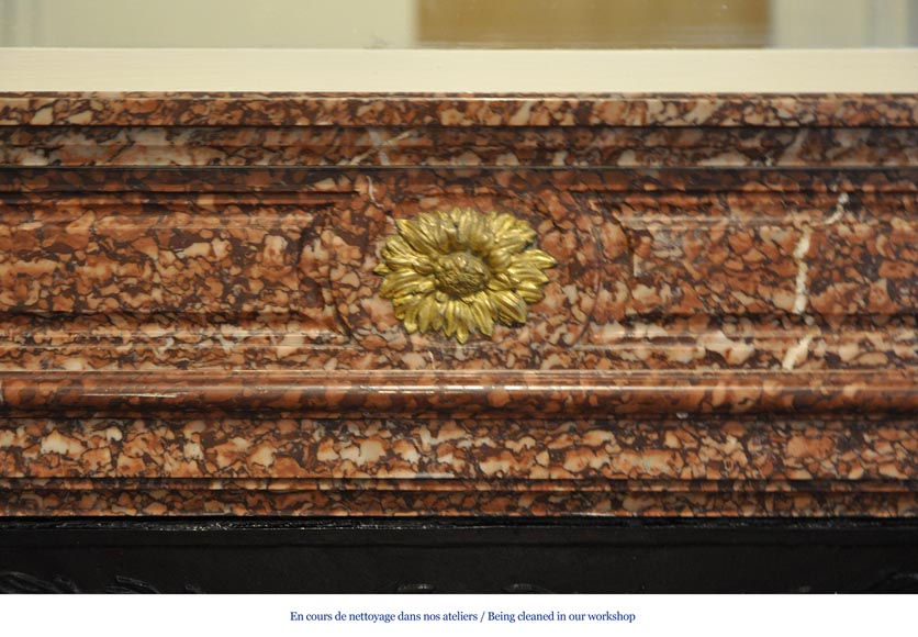 Antique Louis XVI style fireplace mantel with round corners in Griotte marble and gilt bronze ornaments-1
