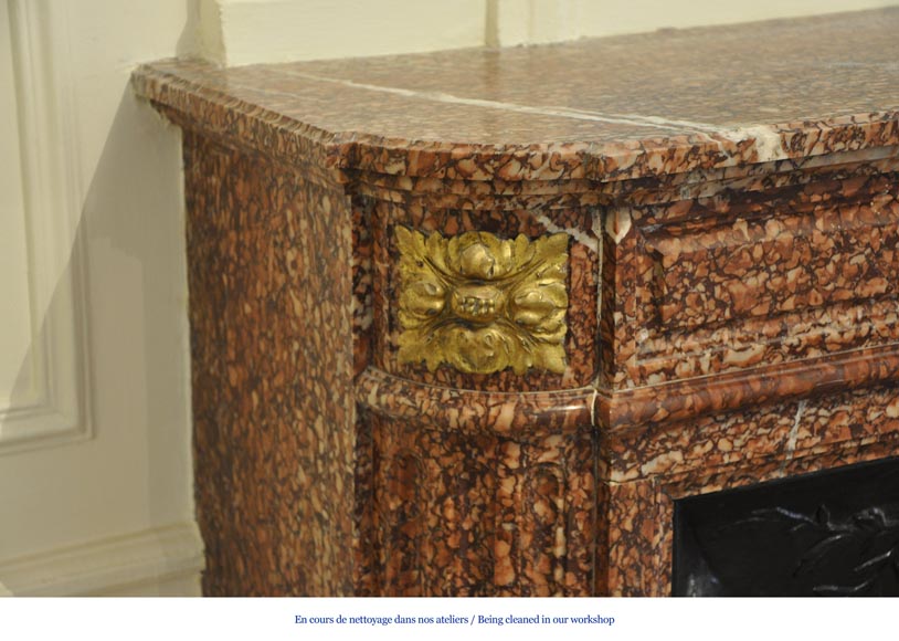 Antique Louis XVI style fireplace mantel with round corners in Griotte marble and gilt bronze ornaments-3