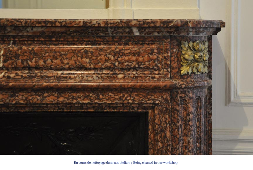 Antique Louis XVI style fireplace mantel with round corners in Griotte marble and gilt bronze ornaments-6