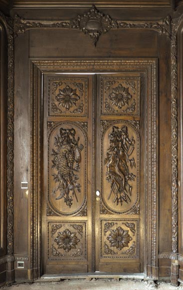 Large antique carved oak wood paneled room with hunting trophies and still lifes decor-0
