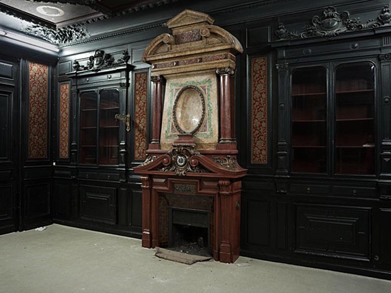 Rare Napoleon III paneled room in blackened wood with its monumental fireplace in stucco in imitation of porphyry-1