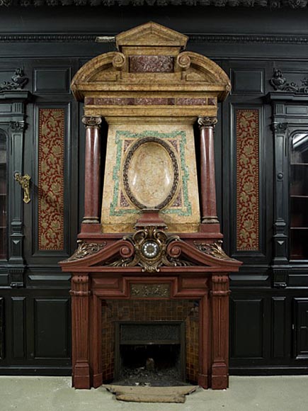 Rare Napoleon III paneled room in blackened wood with its monumental fireplace in stucco in imitation of porphyry-2