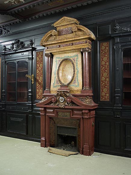 Rare Napoleon III paneled room in blackened wood with its monumental fireplace in stucco in imitation of porphyry-3