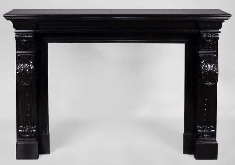 Beautiful antique Napoleon III fireplace with windings and acanthus leaves in Black Belgium marble-0