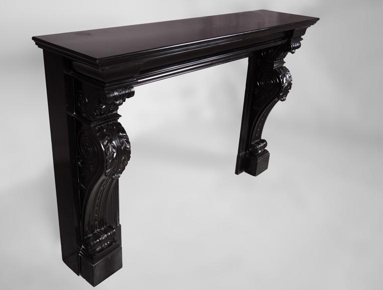 Beautiful antique Napoleon III fireplace with windings and acanthus leaves in Black Belgium marble-2