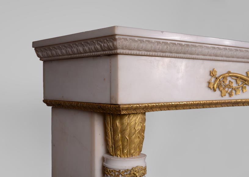 Very beautiful antique Louis XVI style fireplace in Statuary Carrara marble with quiver-shaped columns and gilt bronze ornaments after the model from the Chateau of Fontainebleau-8