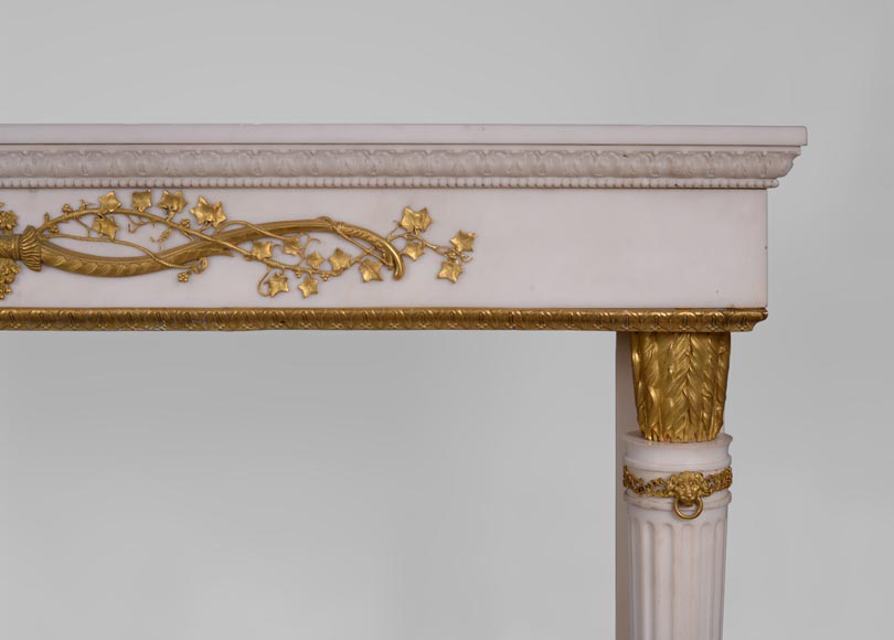 Very beautiful antique Louis XVI style fireplace in Statuary Carrara marble with quiver-shaped columns and gilt bronze ornaments after the model from the Chateau of Fontainebleau-13