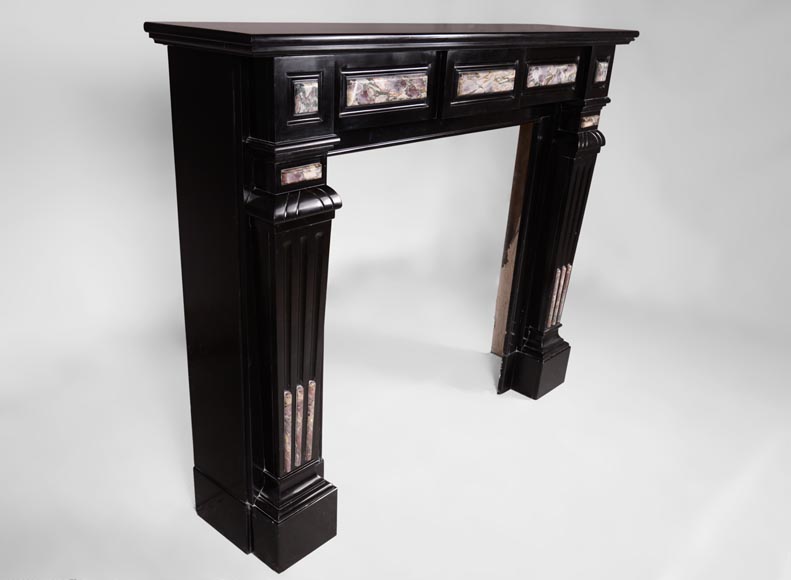 Antique Napoleon III style fireplace in Belgian Black marble with Fior di Pesco marble inlays-2