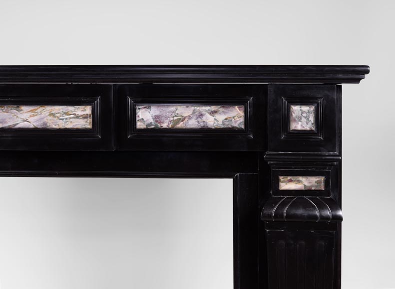 Antique Napoleon III style fireplace in Belgian Black marble with Fior di Pesco marble inlays-6