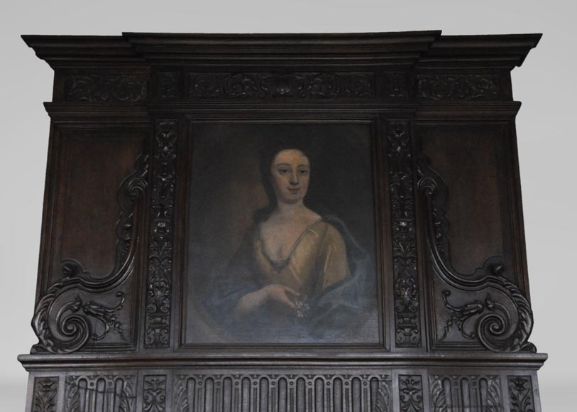 Antique Neo-Renaissance fireplace in oak with a portrait of woman-1