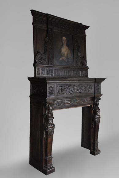 Antique Neo-Renaissance fireplace in oak with a portrait of woman-5
