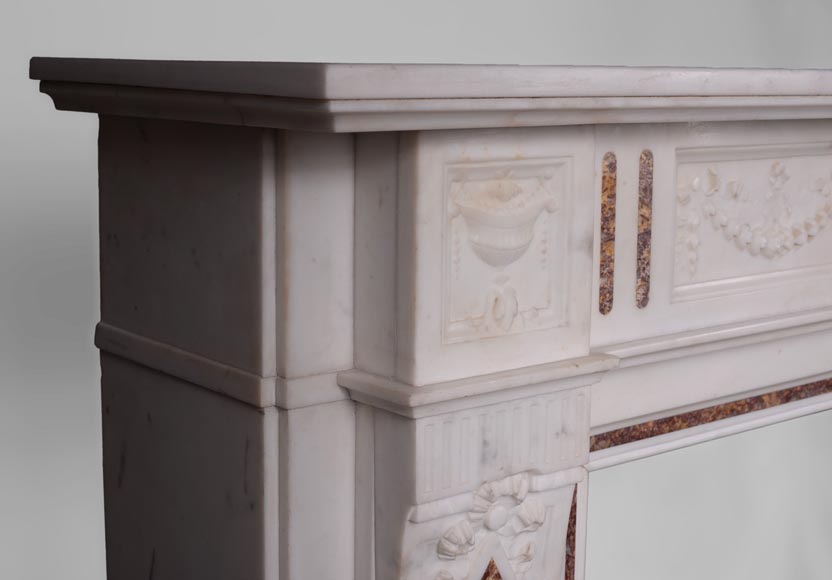 Beautiful Victorian style antique fireplace with garlands and diamonds in Carrara Statuary marble and Violet Brocatelle marble, late 19th century-3