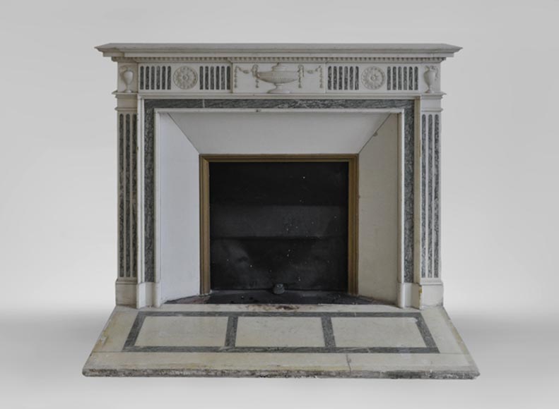 Beautiful Victorian style antique fireplace in Carrara Statuary marble and inlays of Vert d'Estours marble with vases and bowl-0