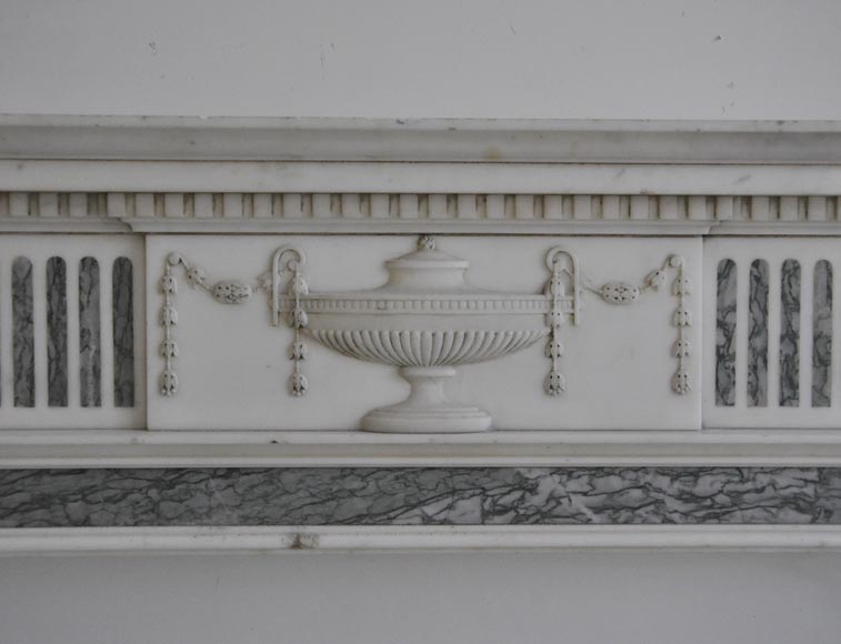 Beautiful Victorian style antique fireplace in Carrara Statuary marble and inlays of Vert d'Estours marble with vases and bowl-1