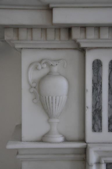 Beautiful Victorian style antique fireplace in Carrara Statuary marble and inlays of Vert d'Estours marble with vases and bowl-5