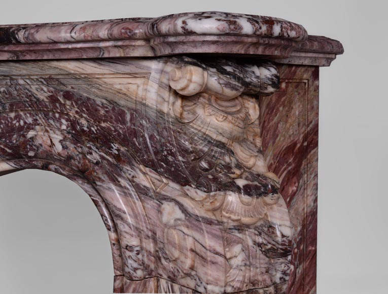 Exceptional antique Louis XV style fireplace in Fleur de Pêcher marble with large palmette-10