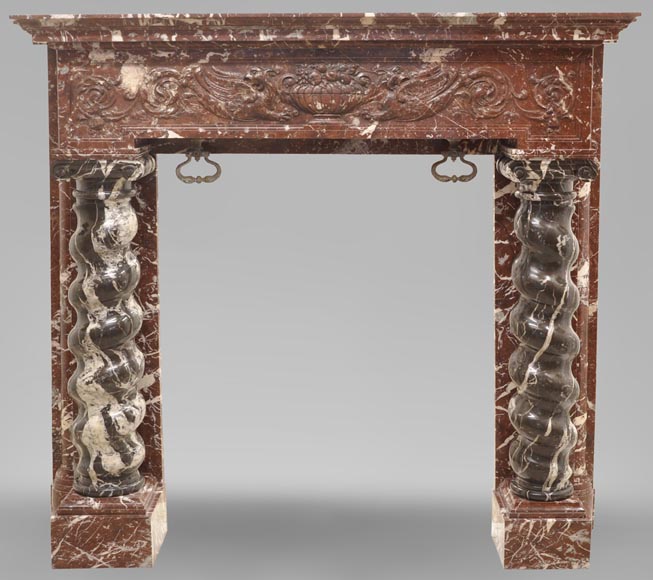Antique Napoleon III style fireplace with salomonic columns made of Red Marble and Black Marquina Marble-0