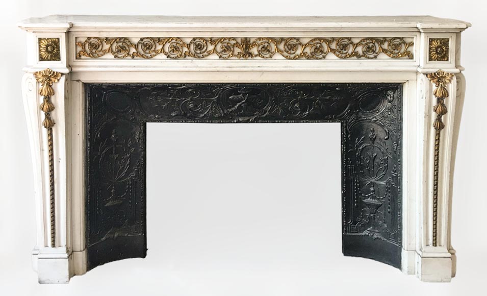 Beautiful Louis XVI style fireplace in white Carrara marble with bronze ornaments-0