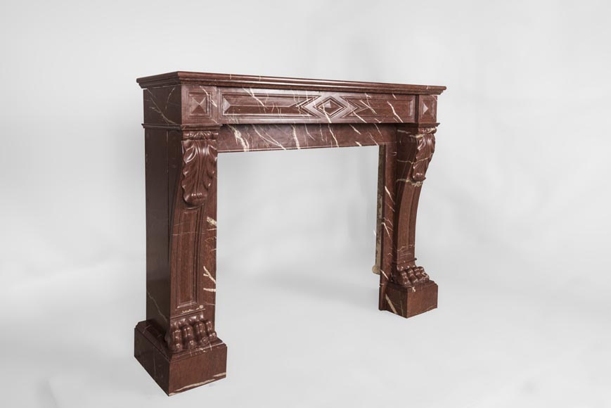 Antique Napoleon III style fireplace made out of Rouge Griotte marble with lion’s paws and Acanthus leaves-3