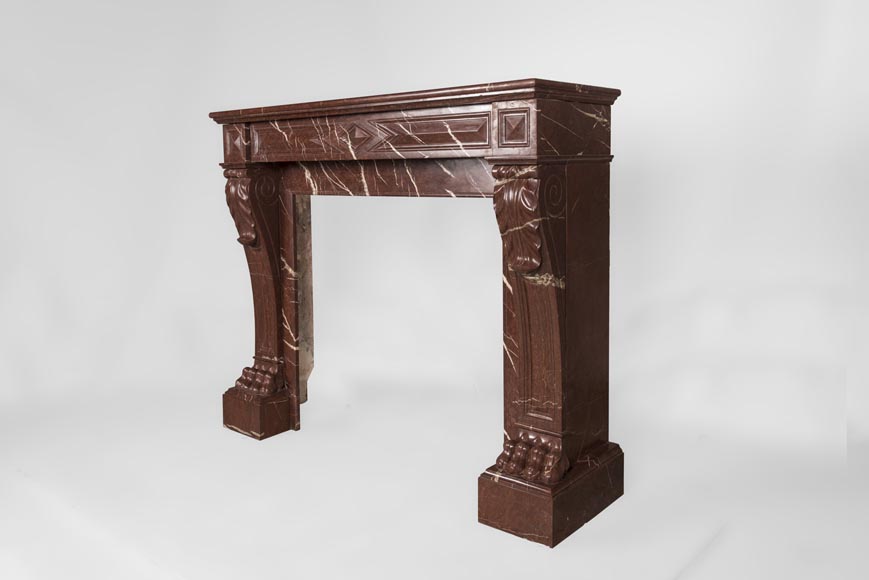 Antique Napoleon III style fireplace made out of Rouge Griotte marble with lion’s paws and Acanthus leaves-6