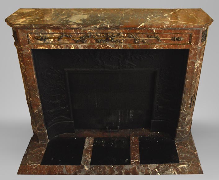 Antique Louis XVI style fireplace with round corners in Red from the North marble and gilded bronze ornaments-0