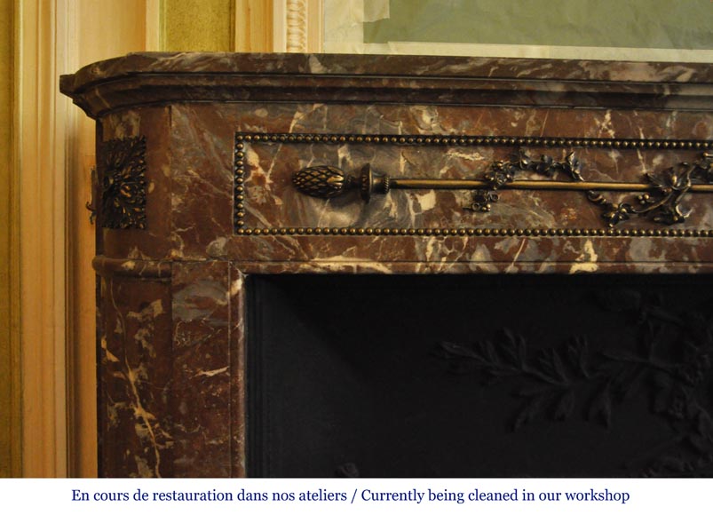 Antique Louis XVI style fireplace with round corners in Red from the North marble and gilded bronze ornaments-4