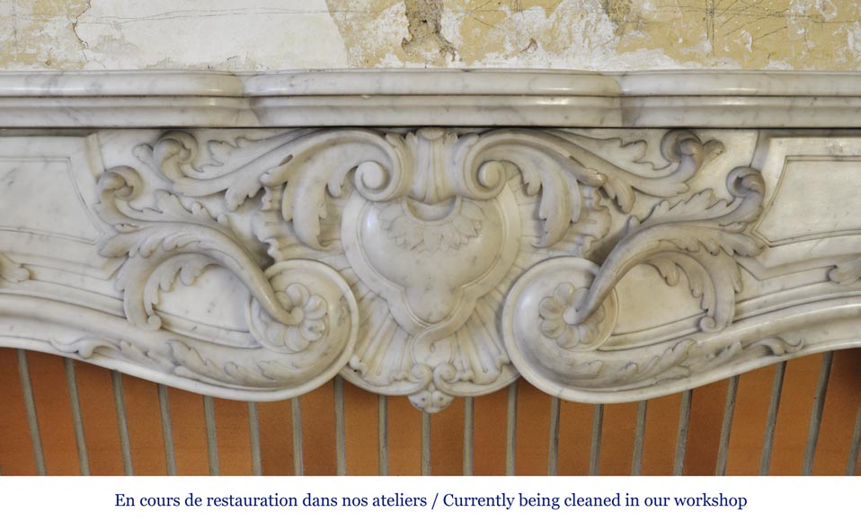 Exceptional opulent Louis XV style fireplace, very carved, in white Carrara marble-1