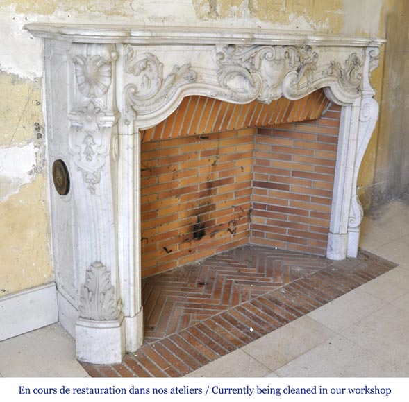 Exceptional opulent Louis XV style fireplace, very carved, in white Carrara marble-5