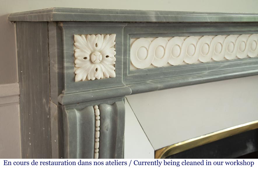 Antique Louis XVI style fireplace in Bleu Turquin marble and statuary marble-3