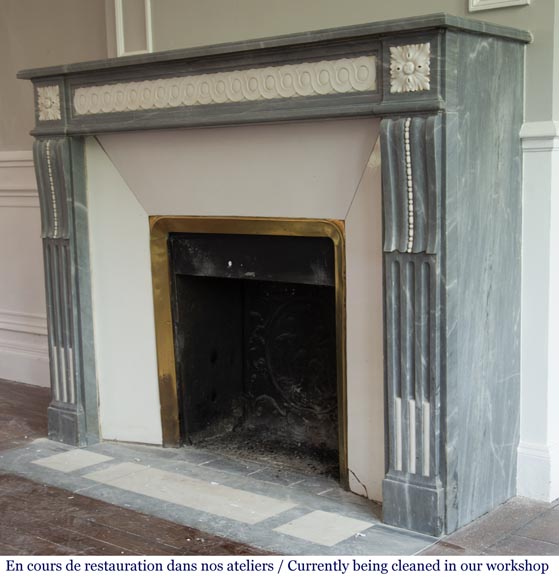 Antique Louis XVI style fireplace in Bleu Turquin marble and statuary marble-6