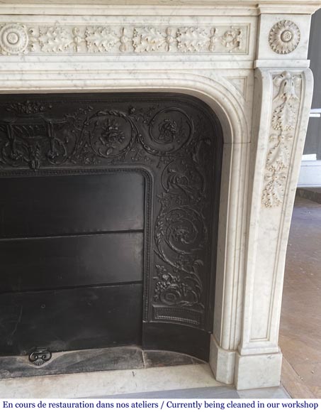 Antique Napoleon III style fireplace in Carrara marble carved with oak leaves-5