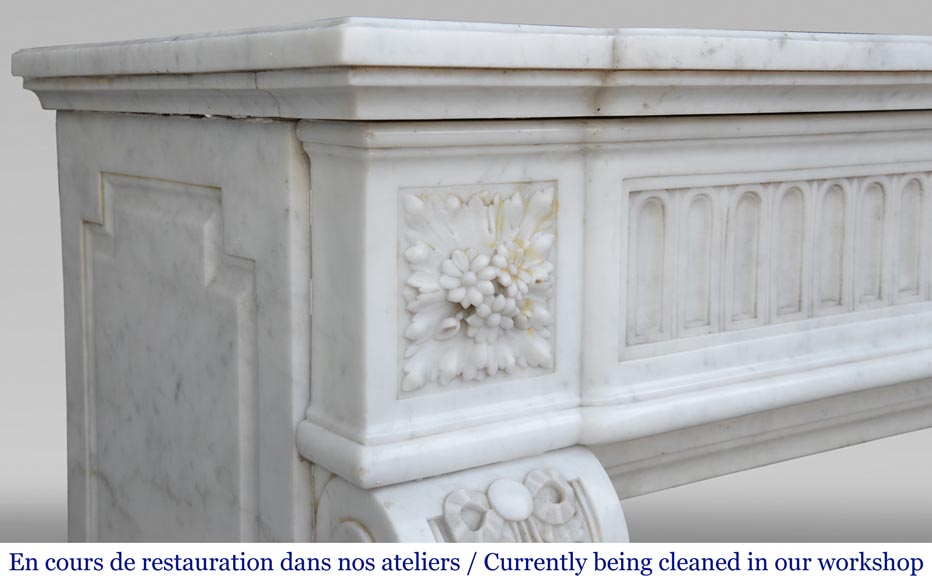 Antique Louis XVI style fireplace in Carrara marble with basket of flowers-6