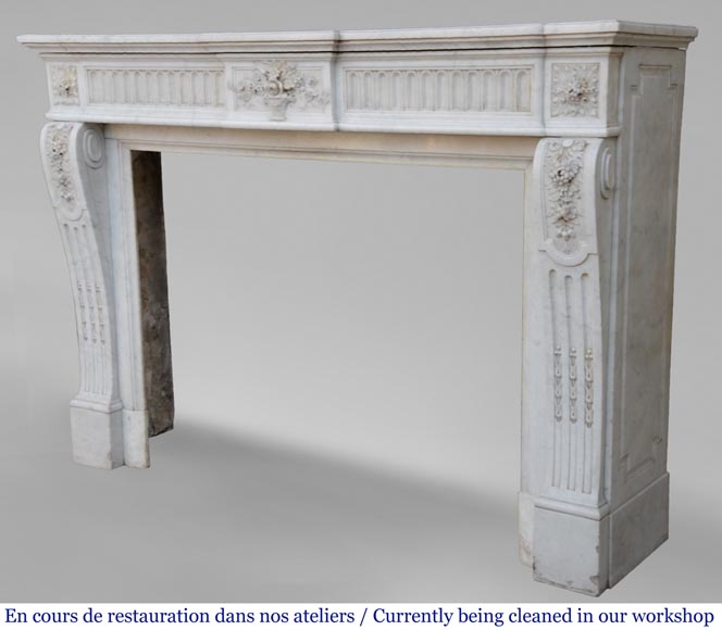 Antique Louis XVI style fireplace in Carrara marble with basket of flowers-10