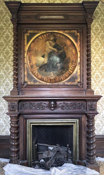 Antique walnut fireplace with trumeau decorated with a painting depicting the God Apollo-0