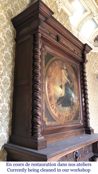 Antique walnut fireplace with trumeau decorated with a painting depicting the God Apollo-5