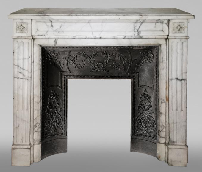 Antique Louis XVI style fireplace with rosette in Arabescato marble-0