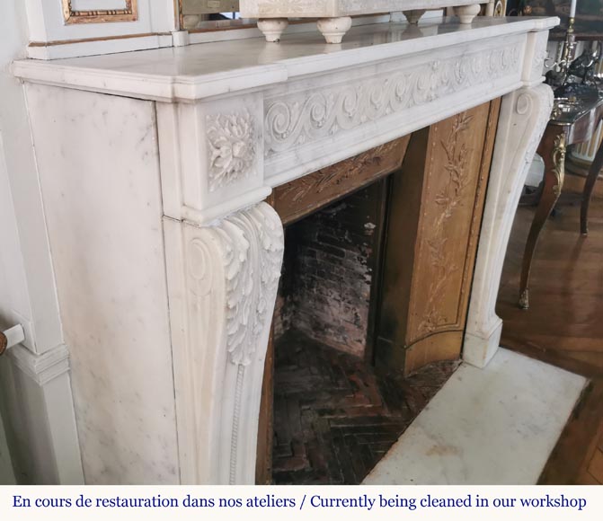 Louis XVI fireplace of white marble with a Greek frieze-2