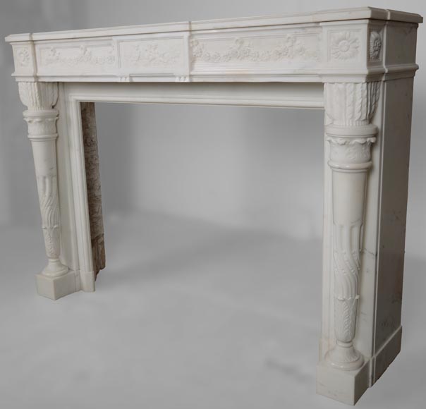 Louis XVI style statuary Carrara marble mantel with detached quiver shaped columns-10